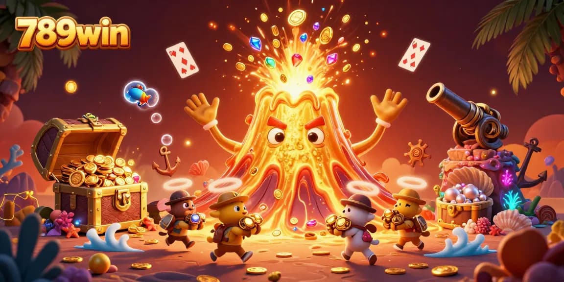 Experience thrilling wins with 789win's vibrant 3D illustration showcasing a magical treasure eruption.