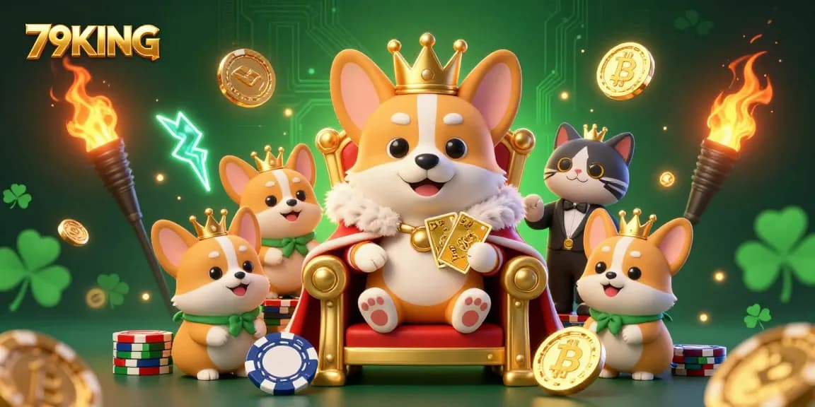 Experience thrilling gameplay at 79KING with a corgi-themed casino illustration showcasing dynamic elements.