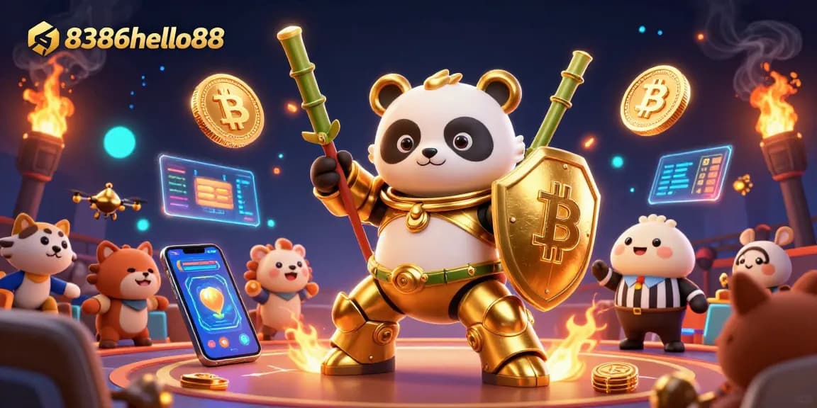 Experience thrilling action with 8386hello88 in a vibrant 3D casino battle illustration.
