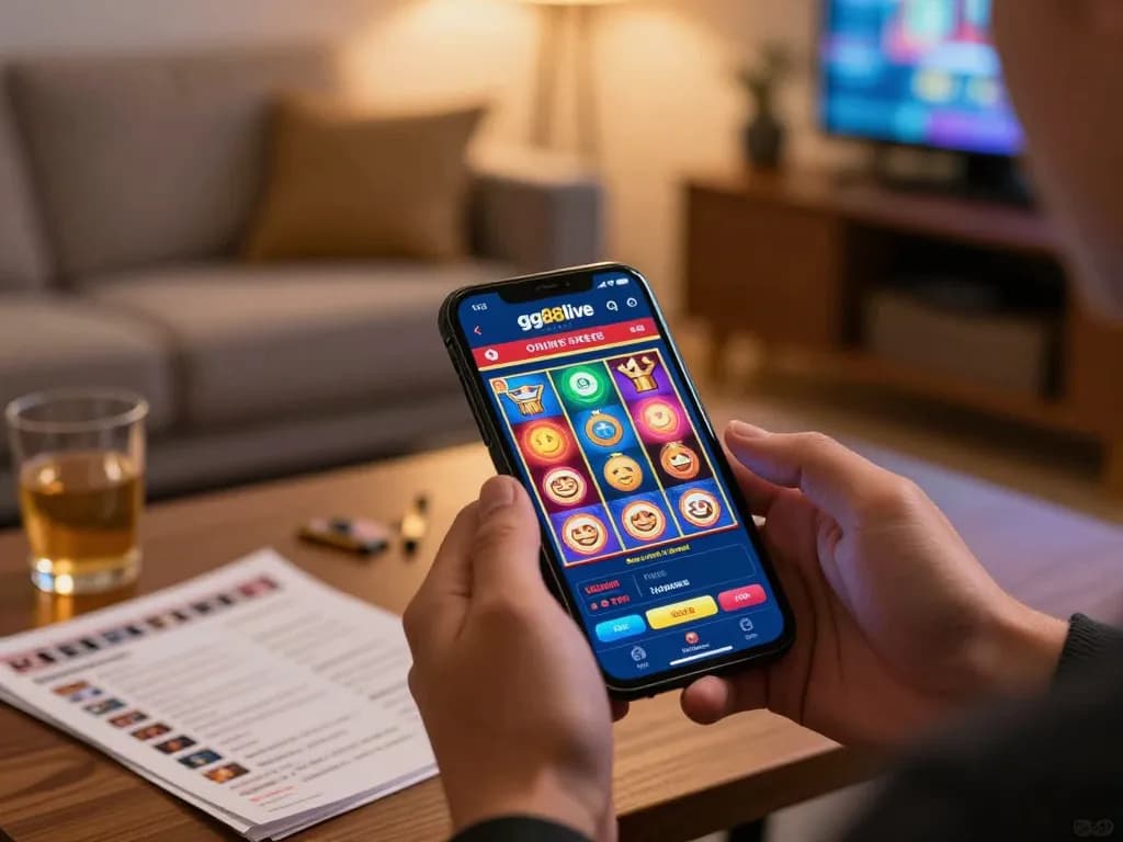 Engaged user interacting with gg88live casino app on smartphone in cozy home environment.