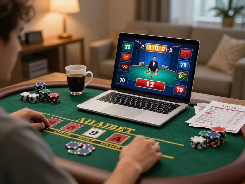 Player enjoying MM88 online blackjack with chips and strategic notes at home.
