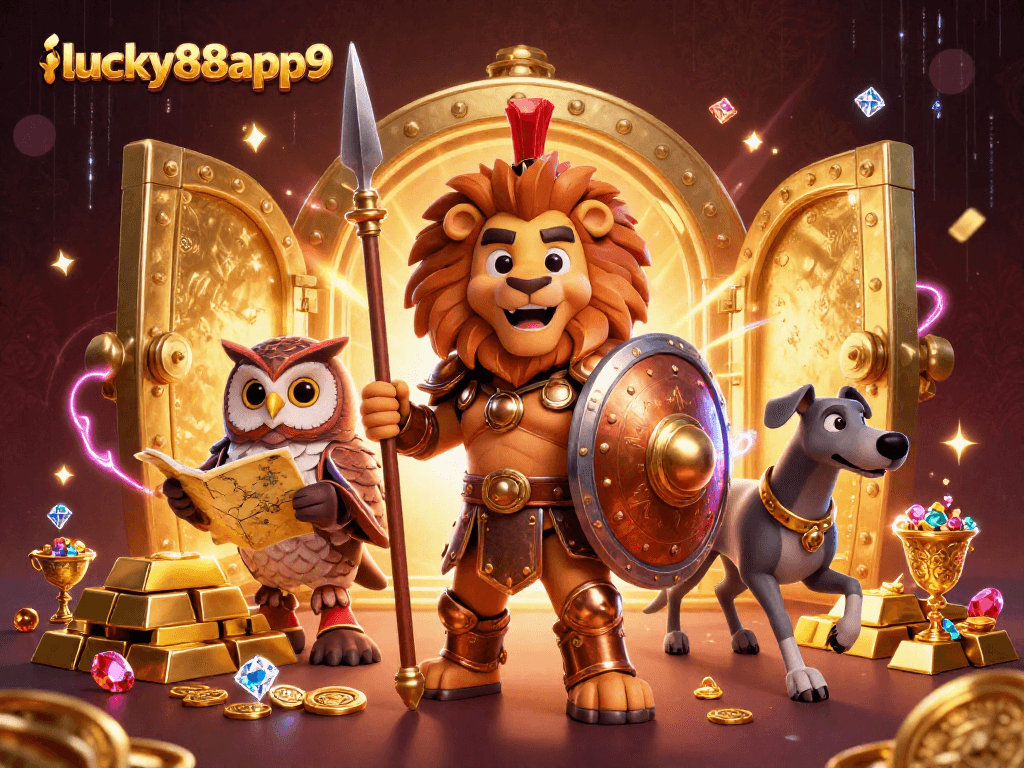 Experience the thrill of lucky88app9 with this vibrant casino illustration featuring rich gold elements and dynamic characters.