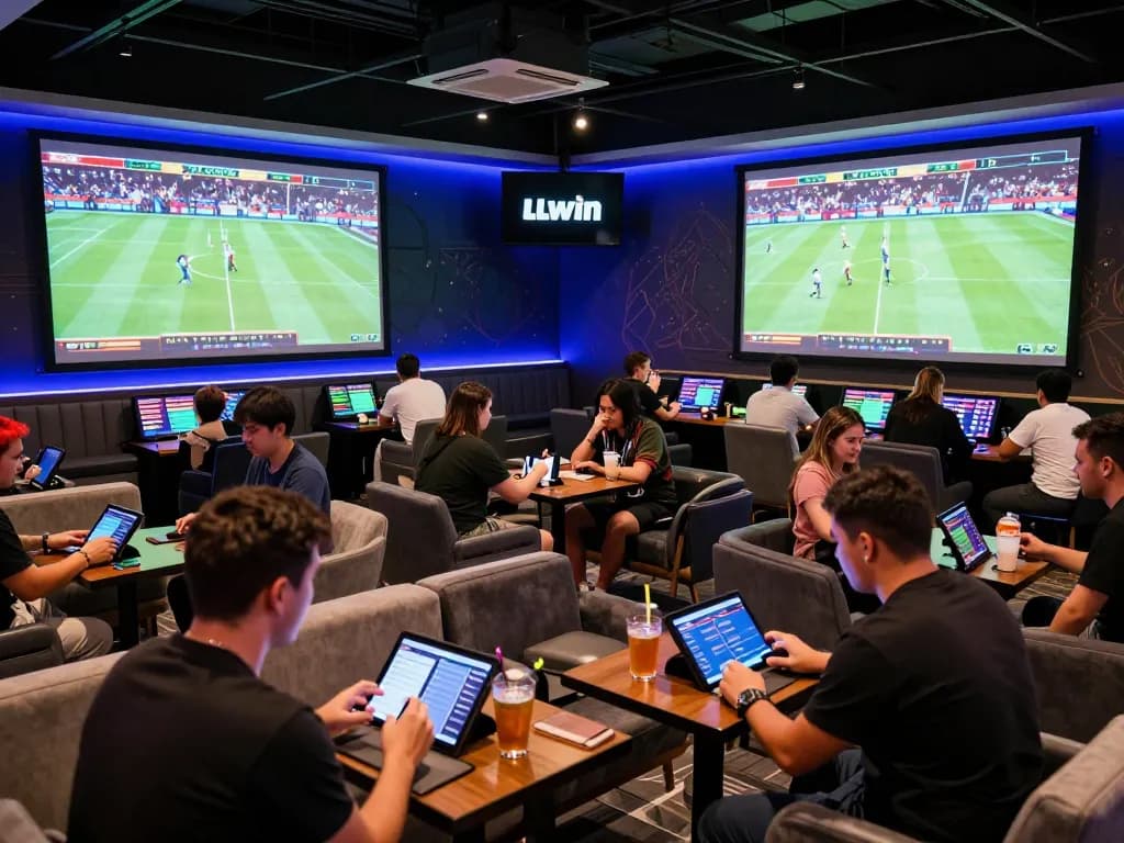 llwin sports bettors excitedly analyzing odds and placing bets in a vibrant lounge environment