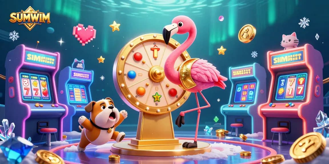 Exciting SUMWIM jackpot game scene with a flamingo host, bulldog contestant, and prizing cat in a dynamic casino gaming atmosphere.
