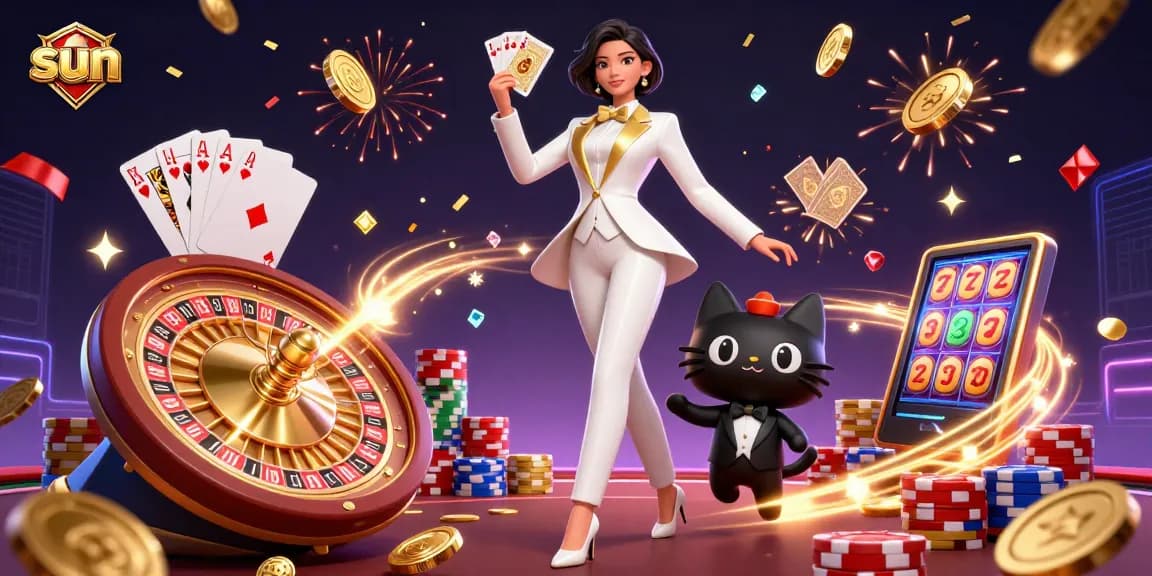 Experience thrilling games at Sun, with vibrant characters and sparkling casino elements.