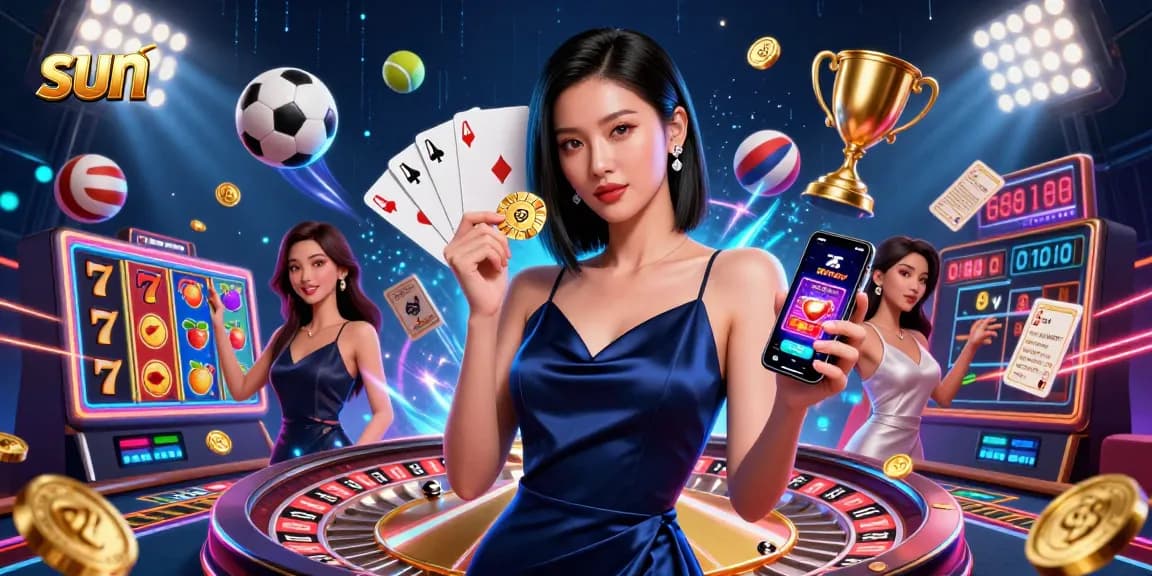 Experience thrilling moments with sun-themed casino action led by a stunning woman ready to play.