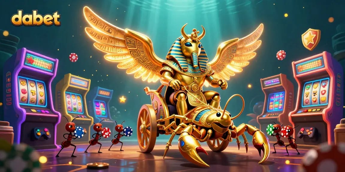 Engage with dabet's vibrant casino experience featuring golden scarabs and glowing slot machines.