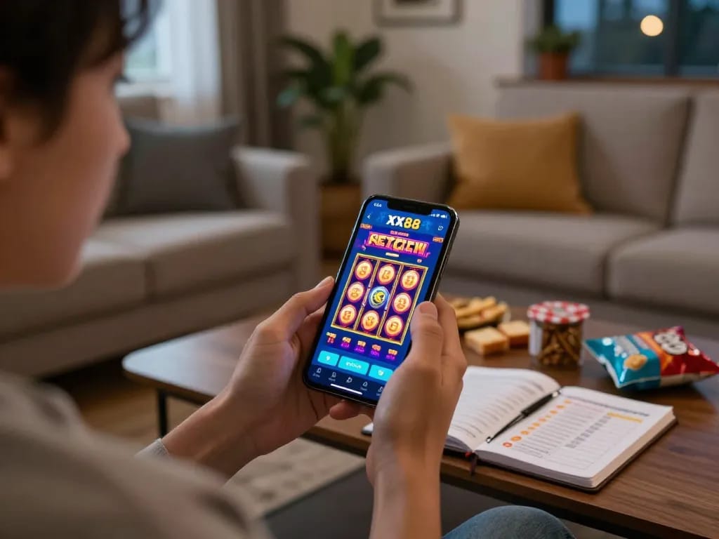 Engaged player exploring the xx88 app for online gambling with snacks nearby