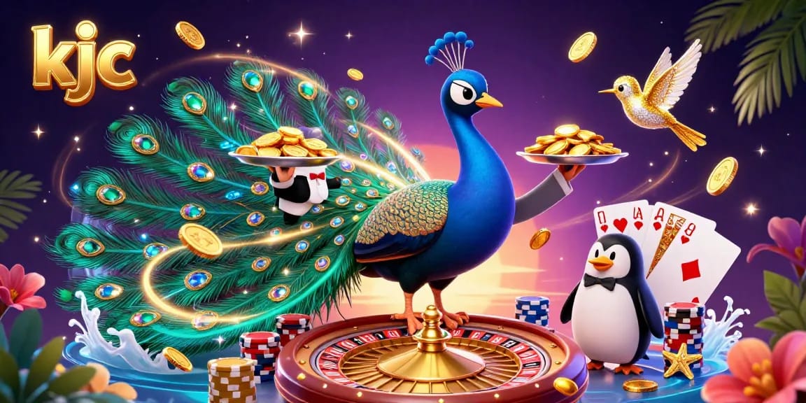 Experience excitement with kjc in a vibrant casino scene featuring a 3D peacock, penguin butler, and flying coins.