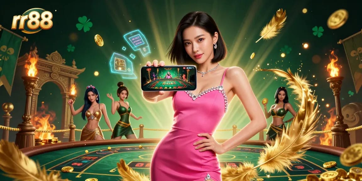 Experience thrilling gameplay with rr88's live casino features in a vibrant illustration.