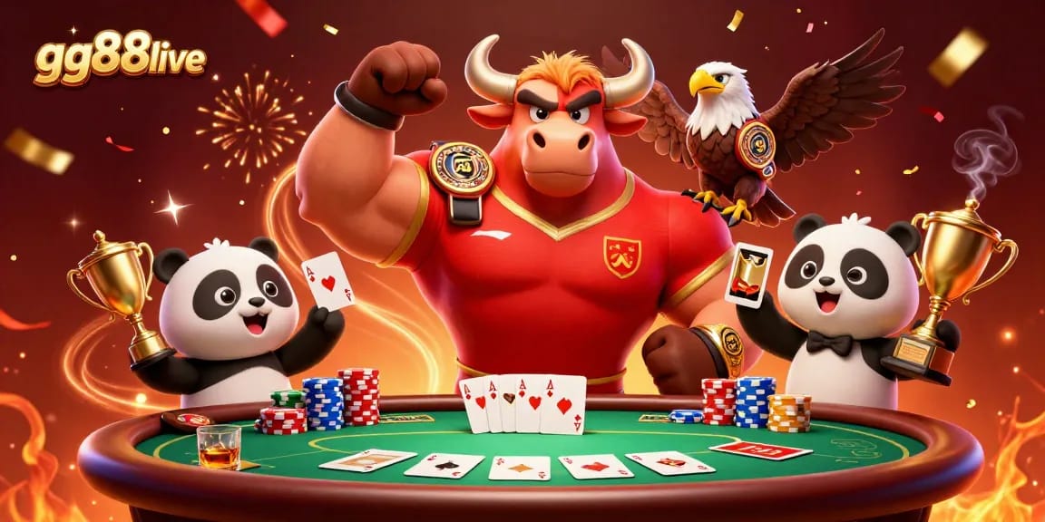 Join the excitement at gg88live with the bull mascot, eagle, and panda celebrating casino triumphs!