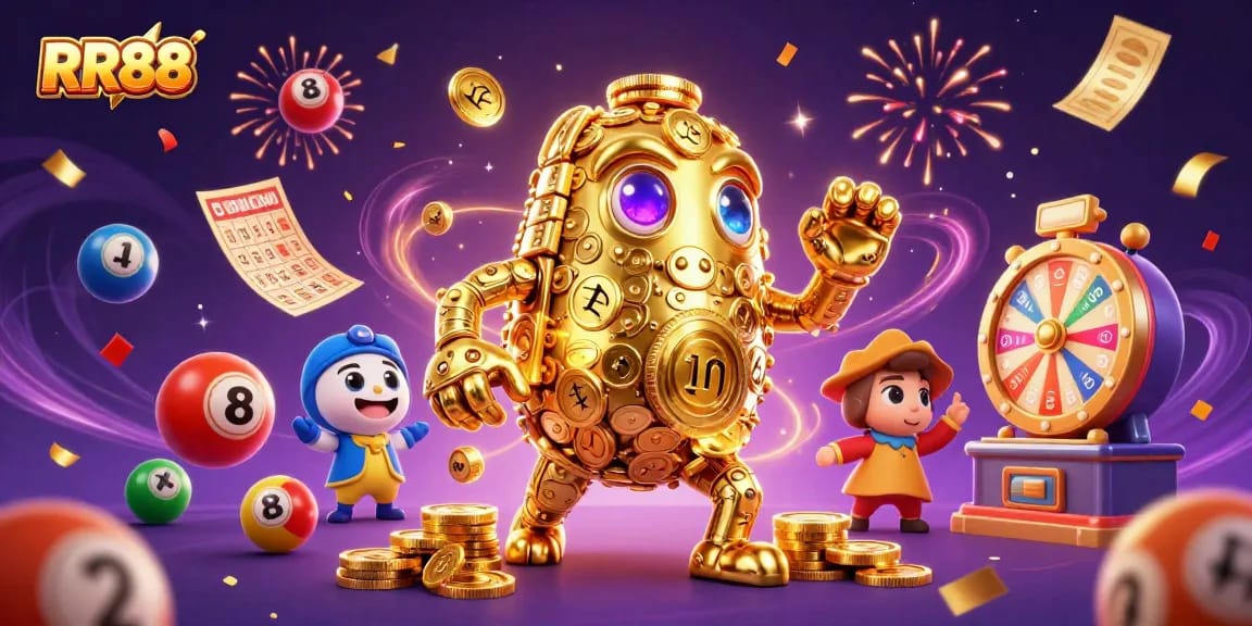 Activate RR88 gaming excitement with a golden golem and lottery elements in dynamic celebration.