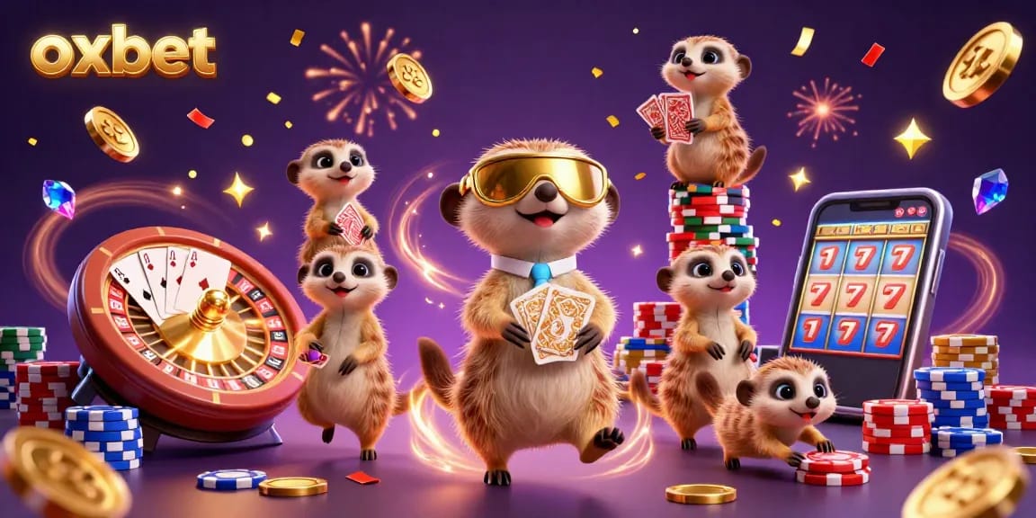 Experience the excitement of oxbet's casino with lively meerkats gaming in a vibrant 3D scene.