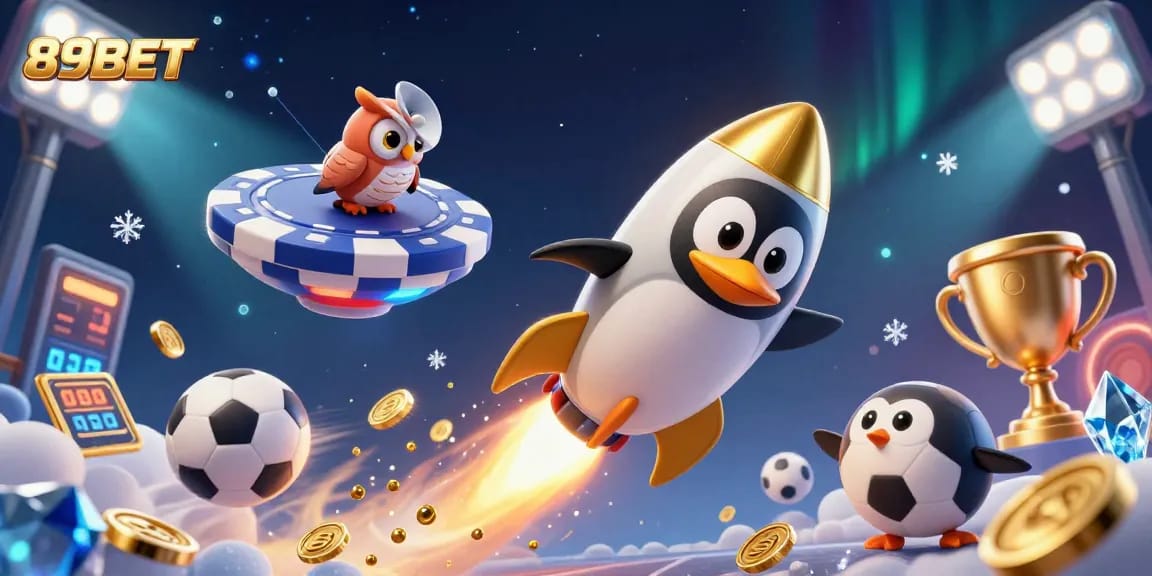 Experience dynamic gaming at 89BET with a golden penguin and casino elements in space.