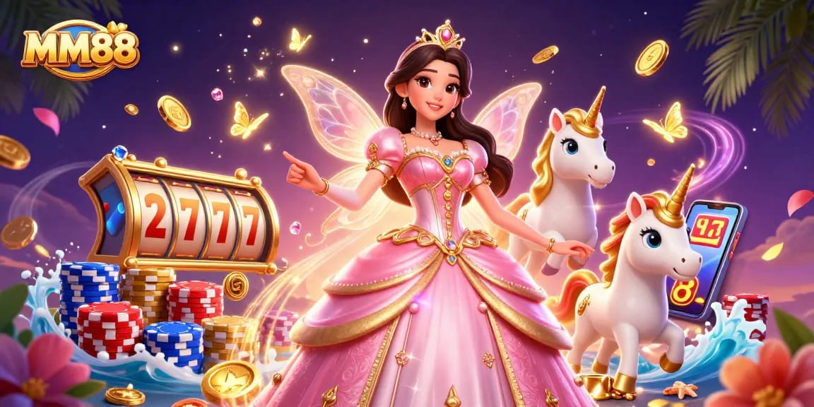Experience MM88's exciting gaming with a glamorous princess, golden unicorn, and vibrant slot reels.