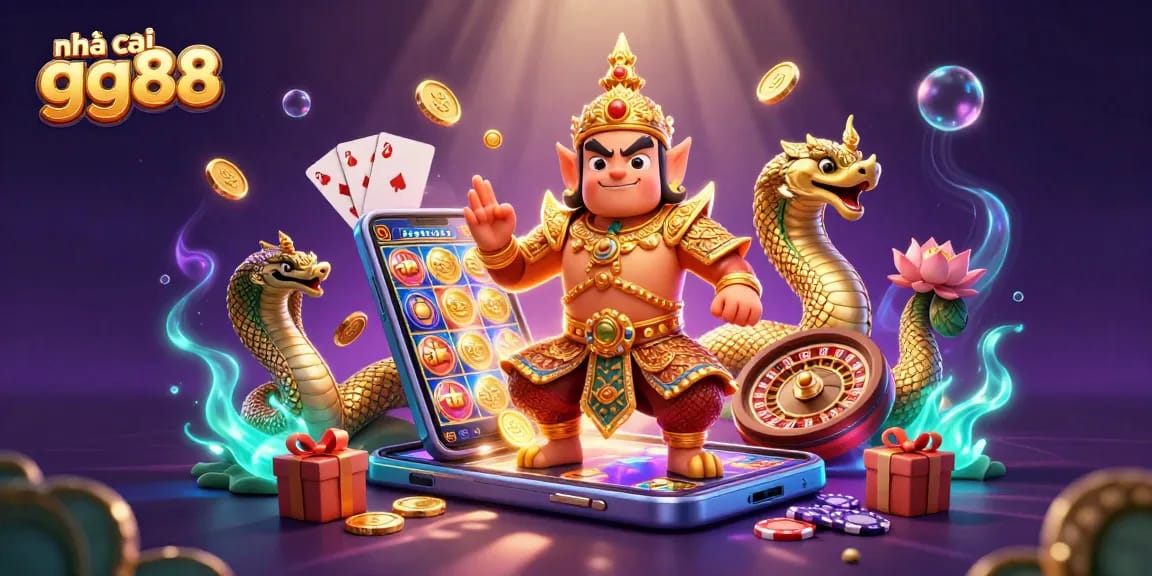 Experience excitement at nhà cái gg88 with vibrant gaming elements and colorful slots in a dynamic 3D scene.