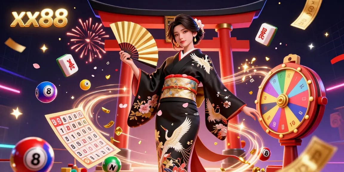 Engage with xx88's vibrant lottery scene, featuring Asian woman in kimono with falling petals and dynamic game elements.