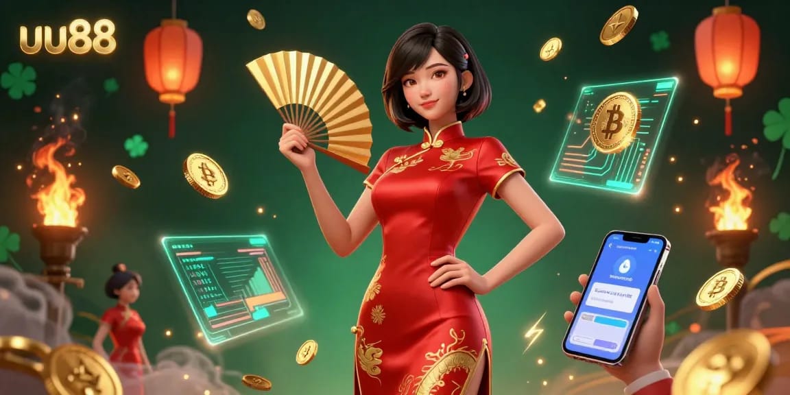 Bet on exciting games with uu88 and win big, illuminated by vibrant displays of gold coins and blockchain assets.