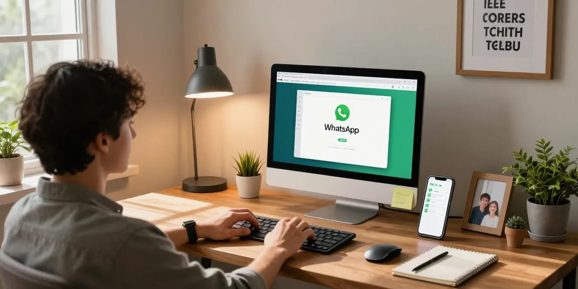 A user engaging with WhatsApp電腦版 in a warm home office, showcasing modern workspace elements.