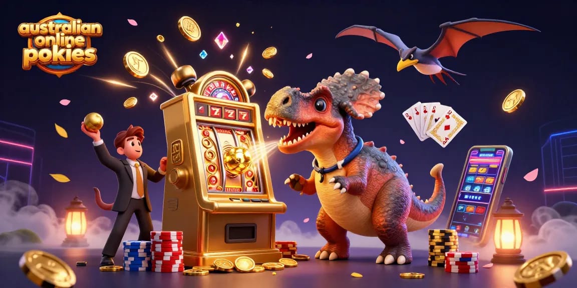 australian online pokies illustrating a vibrant casino scene with dinosaurs and golden jackpot coins