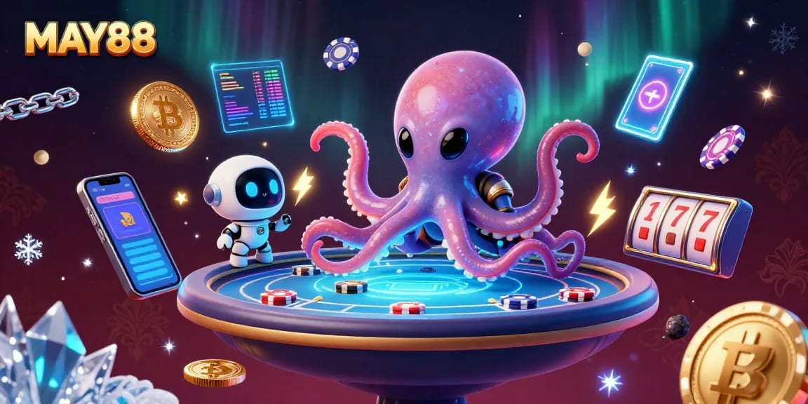 MAY88 showcases a vibrant 3D casino scene featuring an alien octopus and crypto elements.