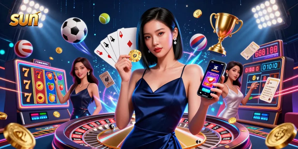 Experience thrilling moments with sun-themed casino action led by a stunning woman ready to play.