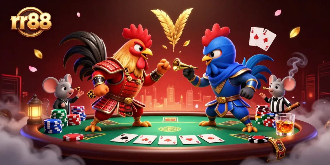 Experience the thrill at rr88 with a dramatic standoff of cartoon roosters in a lively casino scene featuring poker elements.