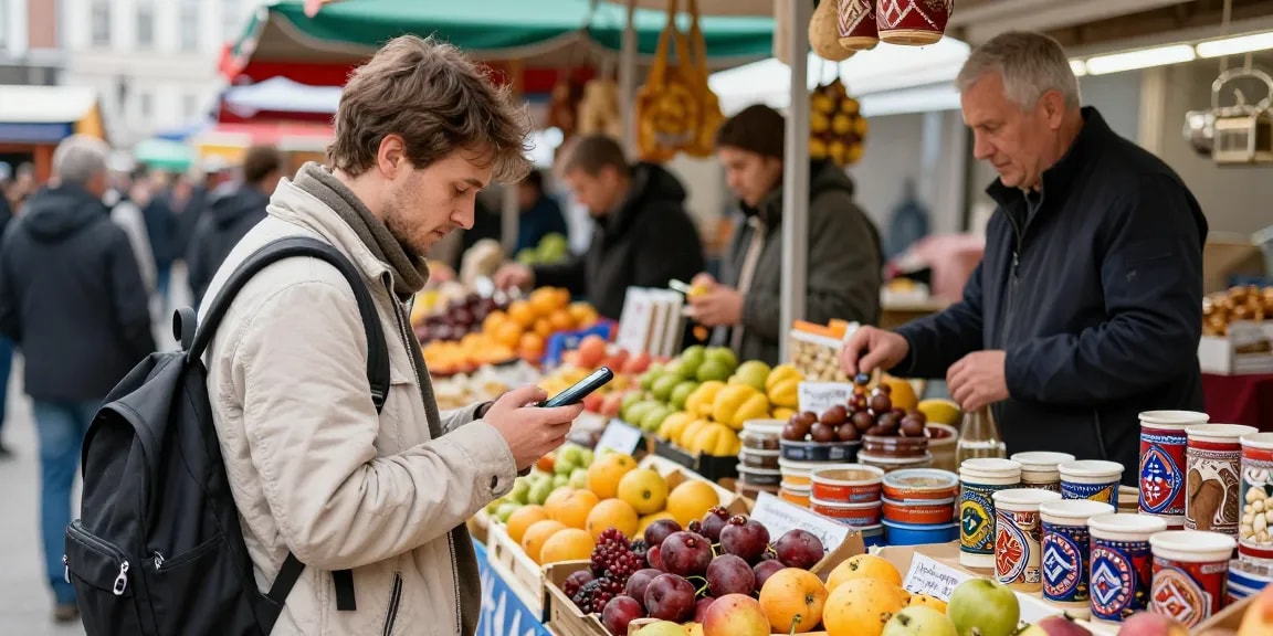 Explorador usando https://payinrussia.com/ en un mercado ruso, rodeado de productos locales vibrantes.