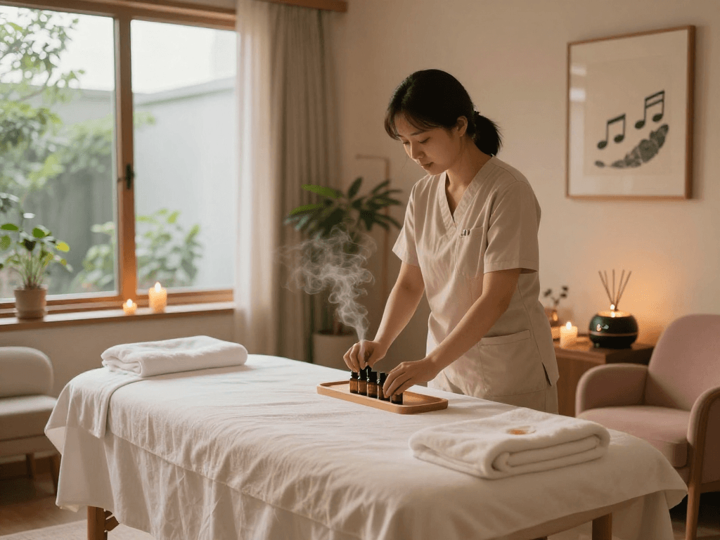 Elegant spa setup for 하남출장마사지 with essential oils, candles, and calming atmosphere.