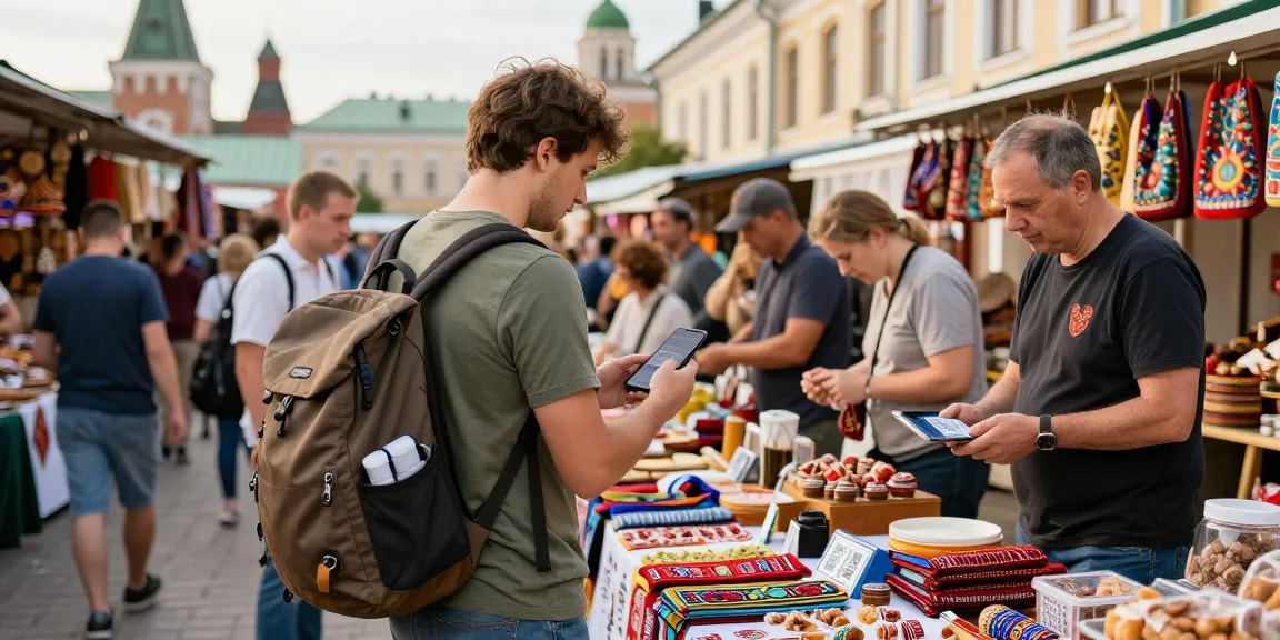 Pago sin esfuerzo en Rusia con https://payinrussia.com/ en un mercado vibrante con turistas y vendedores locales.