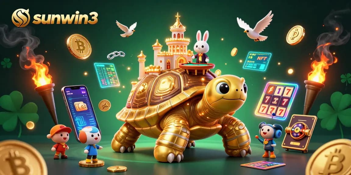 Sunwin3 players engaging in thrilling slot games with a golden tortoise casino and vibrant 3D graphics.
