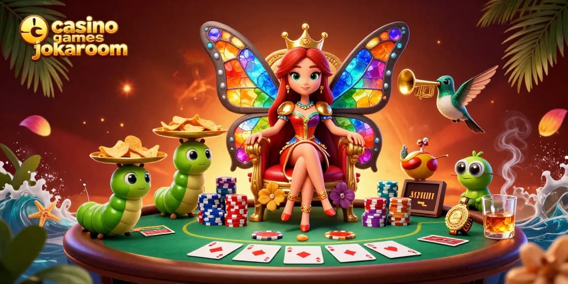 Engaging scene of casino games jokaroom featuring a magical butterfly queen and vibrant poker elements.