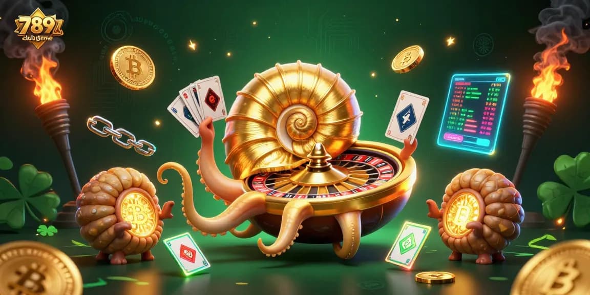 Engage with the vibrant 789club game, featuring an ancient nautilus roulette wheel amidst glowing crypto elements.