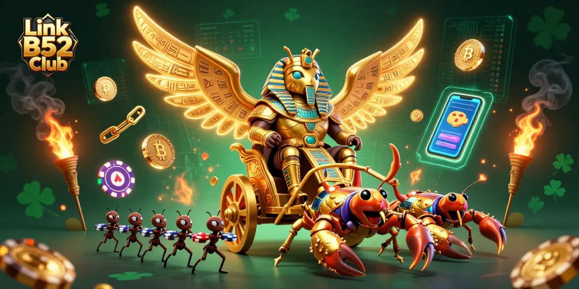 Play exciting games at Link B52 Club with vibrant characters and crypto elements in a 3D casino scene.