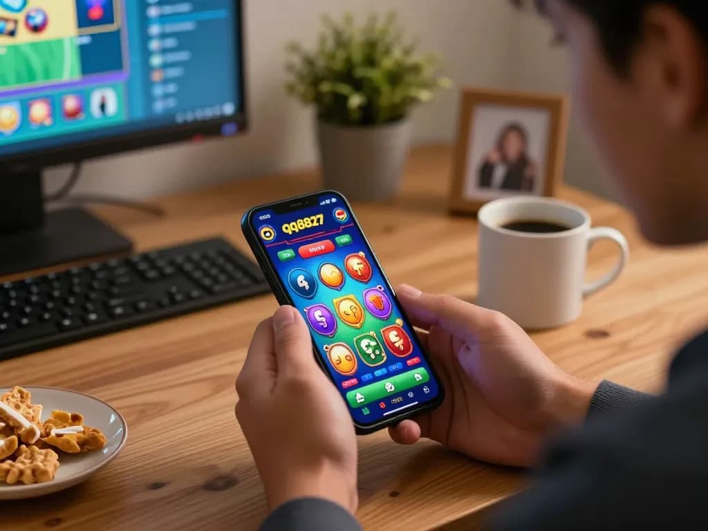 Engaging with the qq8827 mobile casino app in a cozy home office setup, enjoying gaming responsibly