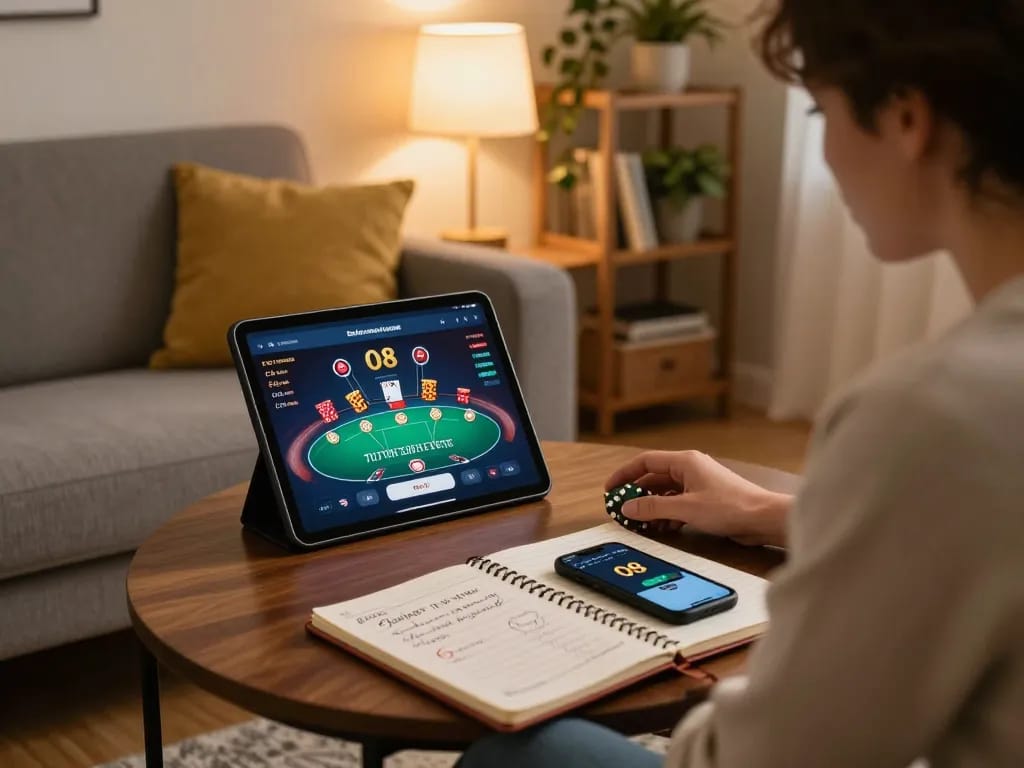 Player enjoying poker on the O8 platform in a cozy home setting, showcasing a strategic betting environment.