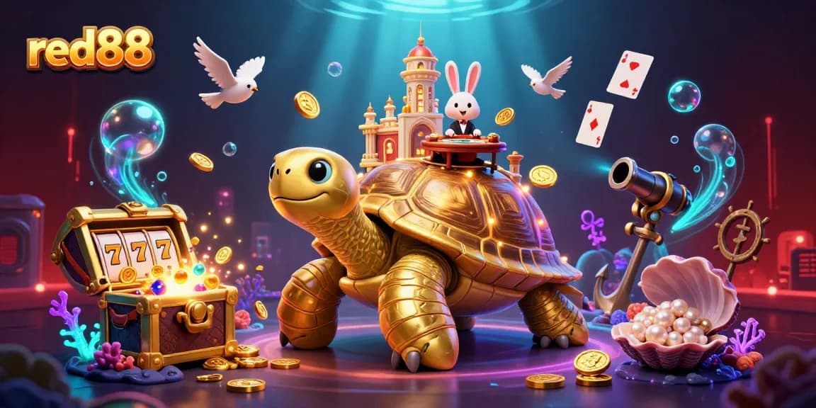 Experience the excitement at red88 with a dynamic 3D casino scene featuring a golden tortoise and lively game elements.