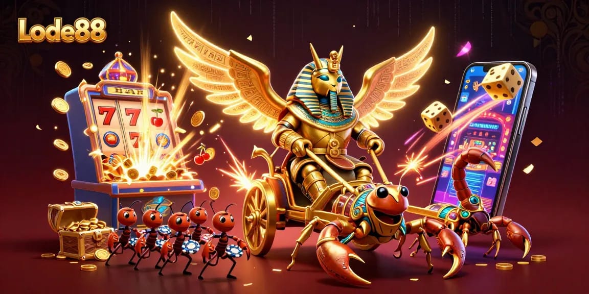 Lode88’s 3D scene showcasing a golden beetle with scorpions, vibrant casino elements, and jackpot excitement.