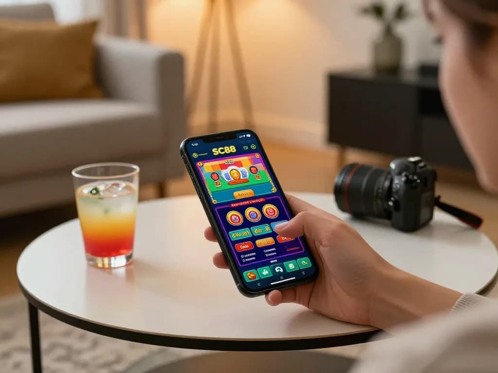 Engaging with the SC88 casino app on a mobile phone in a cozy home setting.