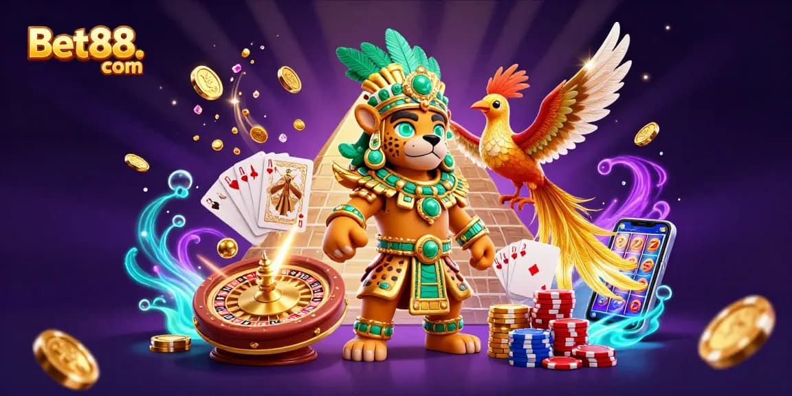 Experience thrilling gaming adventures with dynamic visuals at Bet88. com, featuring a Mayan priest and quetzal bird.