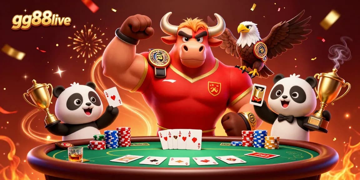 Join the excitement at gg88live with the bull mascot, eagle, and panda celebrating casino triumphs!
