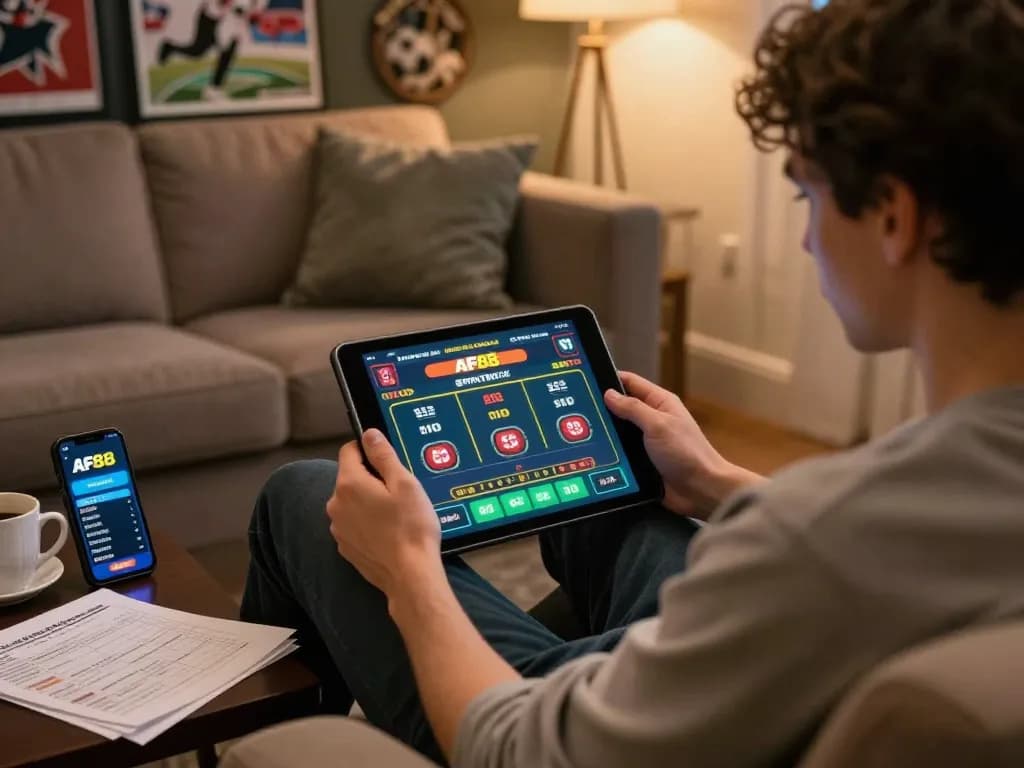 Betting on AF88 with a tablet at home, showcasing virtual sports excitement