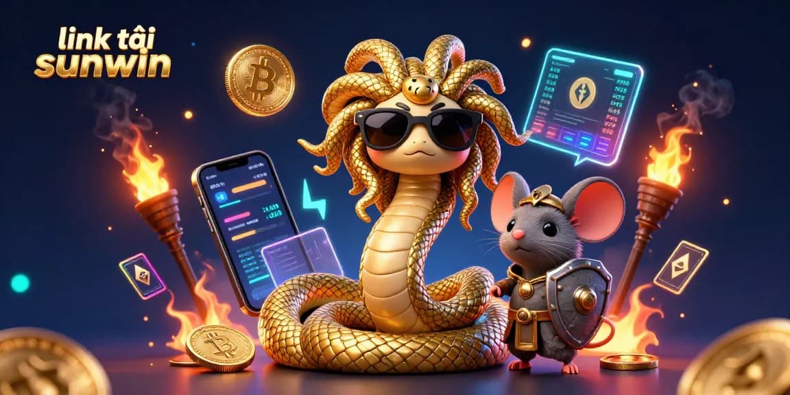Engage with link tải sunwin in a vibrant 3D illustration featuring an enchanting Medusa and a warrior mouse amid Bitcoin and Ethereum coins.