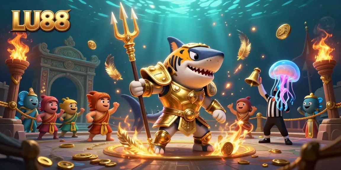 LU88 offers thrilling underwater battles in a vibrant casino-themed scene showcasing a trident-wielding shark.