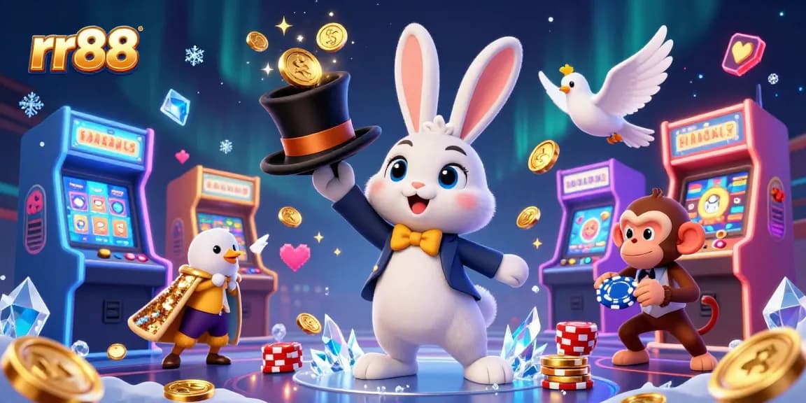 Experience thrills at rr88 with a 3D magician rabbit pulling coins and playful casino elements in a vibrant scene.