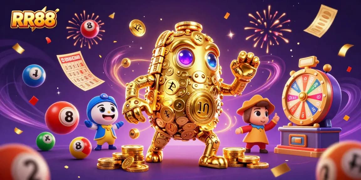Activate RR88 gaming excitement with a golden golem and lottery elements in dynamic celebration.