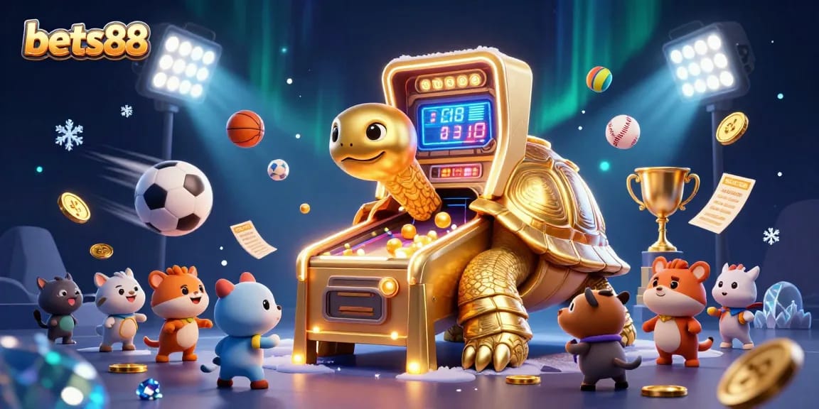 Experience thrilling moments at bets88 with a colossal cartoon tortoise pinball machine amidst vibrant gambling elements.