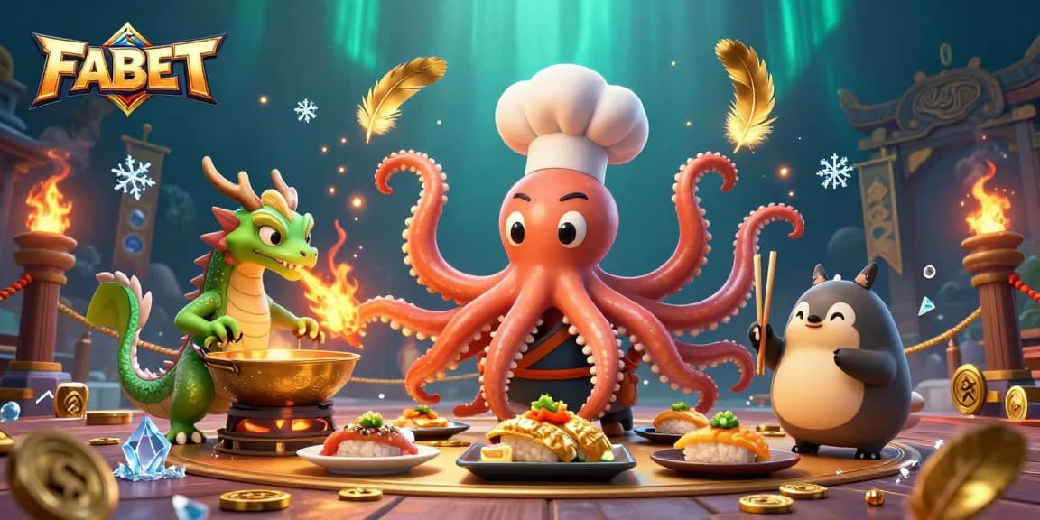 Bet big with FABET at a vibrant casino scene featuring colorful characters and gold coins.