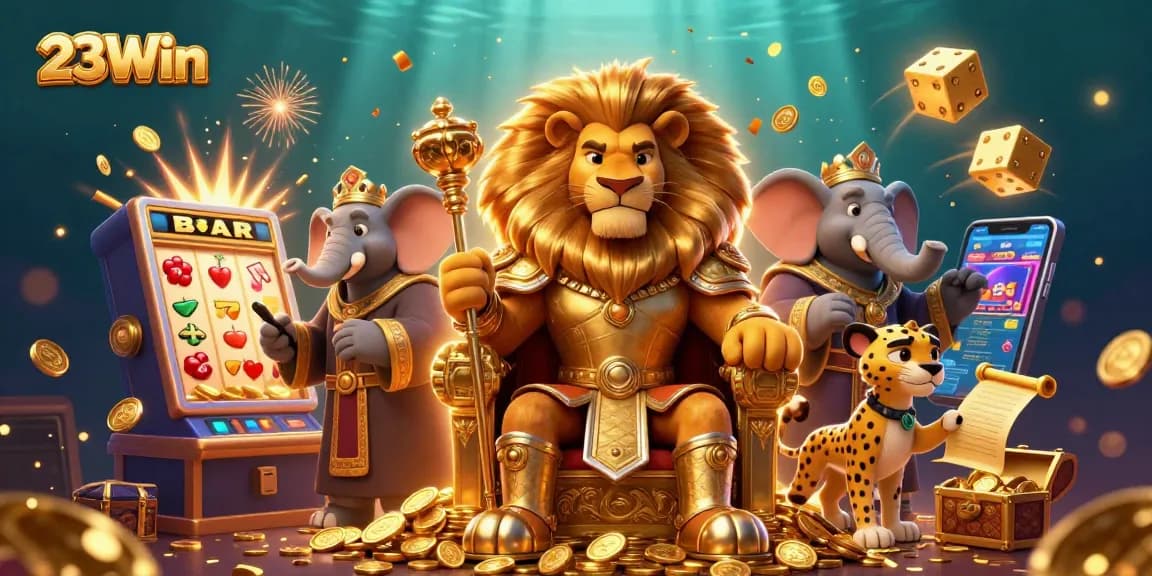 Engaging 23Win casino illustration with characters enjoying jackpot excitement amidst vibrant gaming elements.