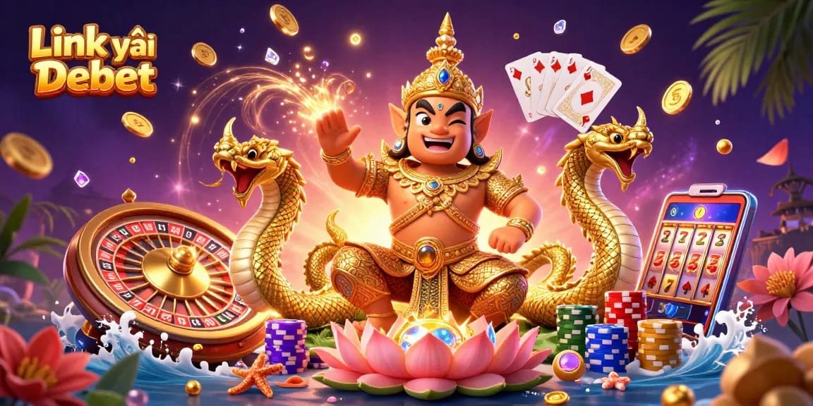 Win big at Link vào Debet with 3D illustration showcasing playful Thai guardian and casino elements.